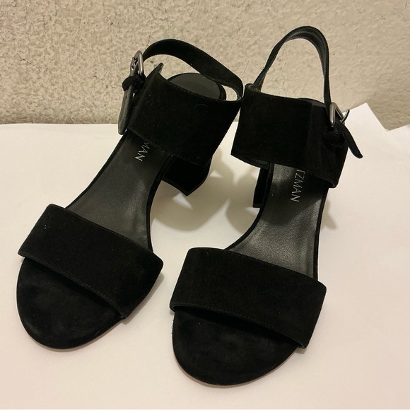 Stuart Weitzman Shoes - Stuart Weitzman Black Suede Block Heel Sandals with Ankle Strap size 7.5